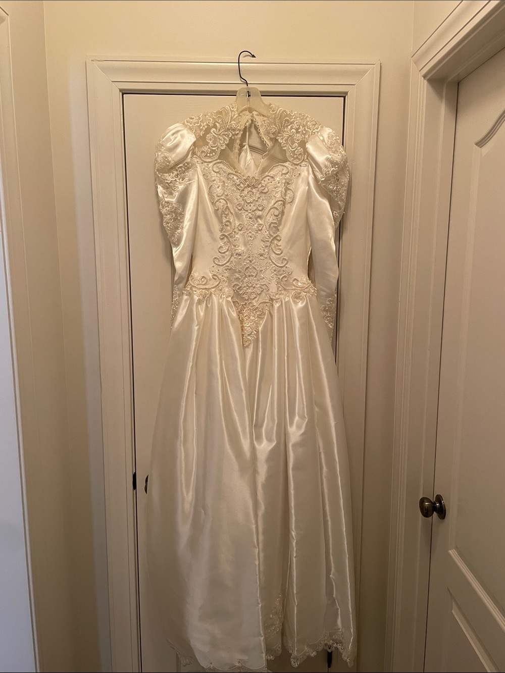Wedding Dress  Ivory Satin Lace - Puff Sleeves